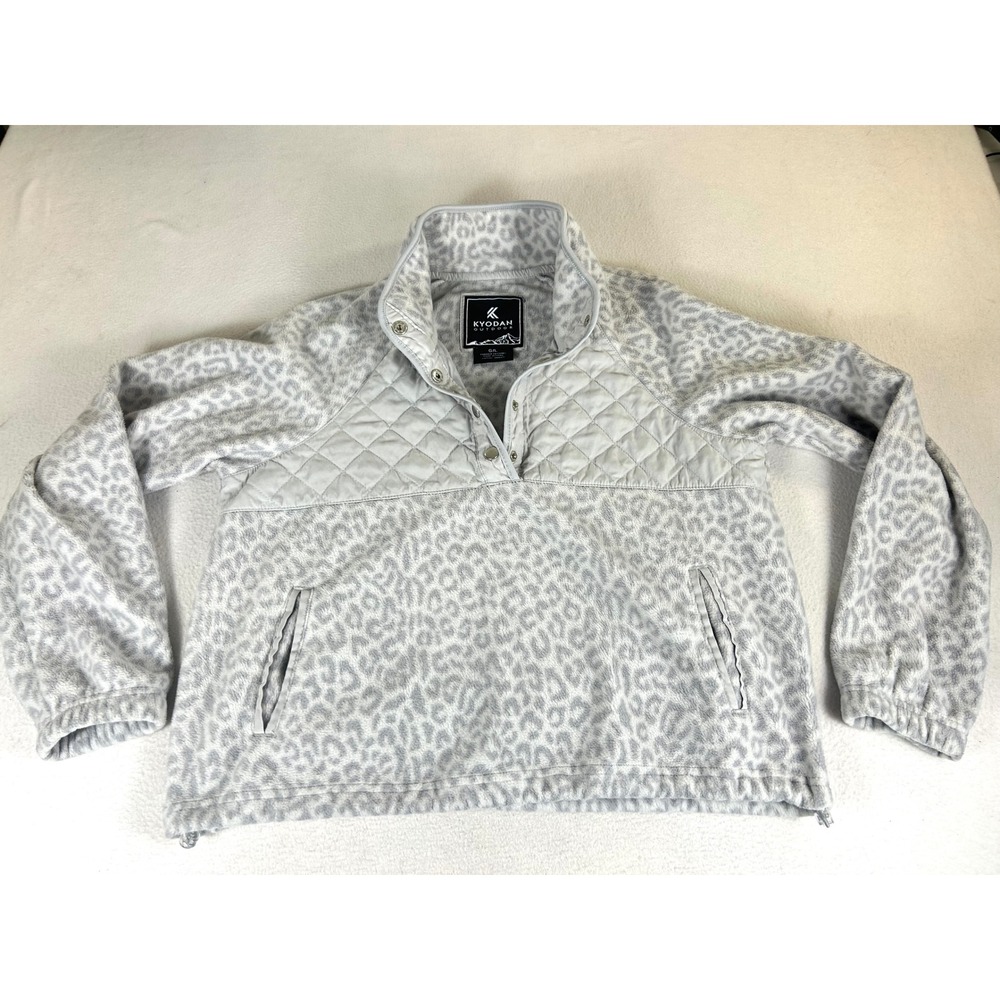 Kyodan Outdoor Fleece Pullover Women Large Grey Leopard Print Gorpcore